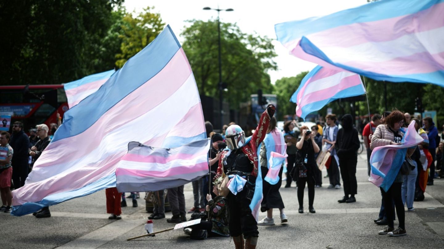 Demonstrierende mit Transflaggen in London