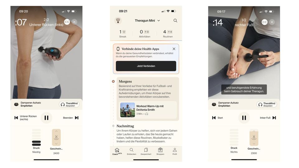 Massagepistole Test: Screenshots der App zur Theragun Mini 3.0