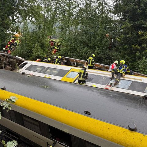 Rescue workers are looking for passengers in a derailed train in Upper Swabia