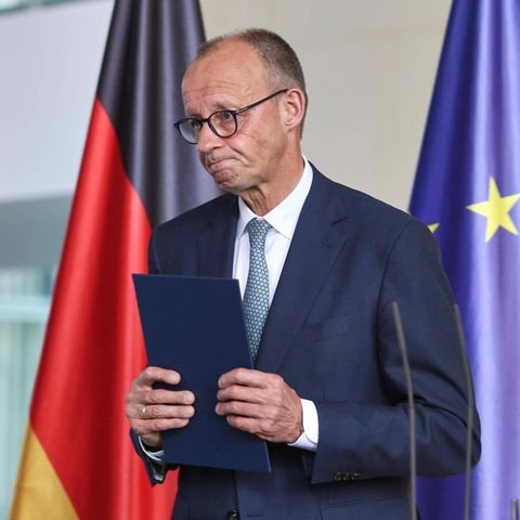 Chancellor Friedrich Merz ends a press conference in the Chancellery