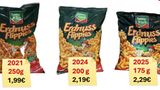 Die Packung Erdnuss Flippies von Funnyfrisch ist 25 Gramm kleiner und 10 Cent teurer geworden. Klingt nicht viel? Ist aber immerhin eine Preissteigerung von 20 Prozent, wie die Verbraucherzentrale Hamburg vorrechnet. Vor allem ist es nicht die erste Aktion dieser Art: Vor vier Jahren bekam man noch 250 Gramm für 1,99 Euro – das entspricht einer versteckten Preissteigerung um 64 Prozent. Die Variante "Big Erdnuss Flippies" ist im gleichen Zeitraum sogar 73 Prozent teurer geworden. Hersteller Intersnack begründet die aktuelle Preiserhöhung mit steigenden Kosten (Juli 2025)