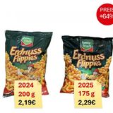 Die Packung Erdnuss Flippies von Funnyfrisch ist 25 Gramm kleiner und 10 Cent teurer geworden. Klingt nicht viel? Ist aber immerhin eine Preissteigerung von 20 Prozent, wie die Verbraucherzentrale Hamburg vorrechnet. Vor allem ist es nicht die erste Aktion dieser Art: Vor vier Jahren bekam man noch 250 Gramm für 1,99 Euro – das entspricht einer versteckten Preissteigerung um 64 Prozent. Die Variante "Big Erdnuss Flippies" ist im gleichen Zeitraum sogar 73 Prozent teurer geworden. Hersteller Intersnack begründet die aktuelle Preiserhöhung mit steigenden Kosten (Juli 2025)