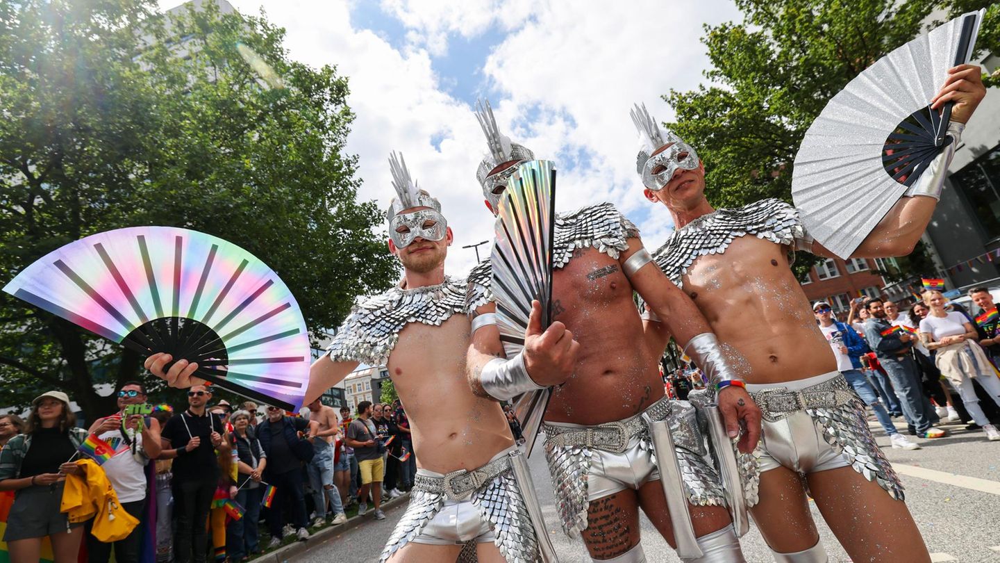 Drei kostümierte Männer beim CSD in Hamburg