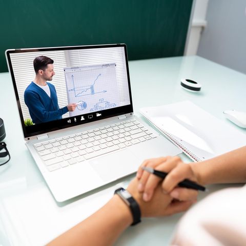 In einem Online-Coaching Webinar erklärt ein Coach etwas mit nichtssagenden Diagrammen