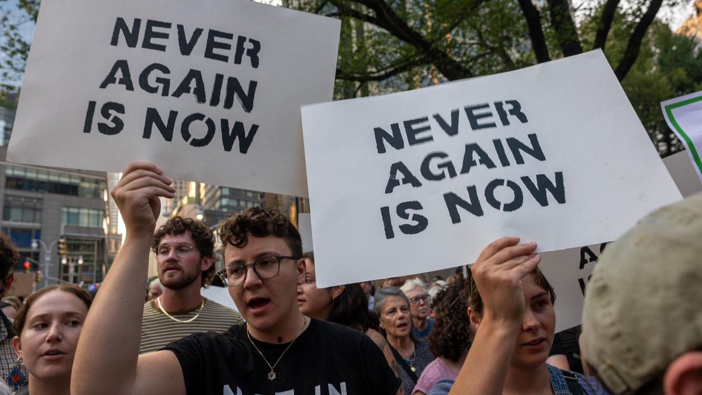 Israelischer Historiker: "Nie wieder ist jetzt": In New York protestieren amerikanische Juden gegen Israels Vorgehen in Gaza "Nie wieder ist jetzt": In New York protestieren amerikanische Juden gegen Israels Vorgehen in Gaza