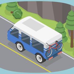 Illustration eines Bus, der die die Straße langfährt