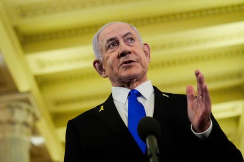 Benjamin Netanjahu, Ministerpräsident von Israel, spricht zu Reportern im US-Kapitol