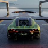 Bougatti Brouillard von hinten, er steht auf einem Plateau im Wasser