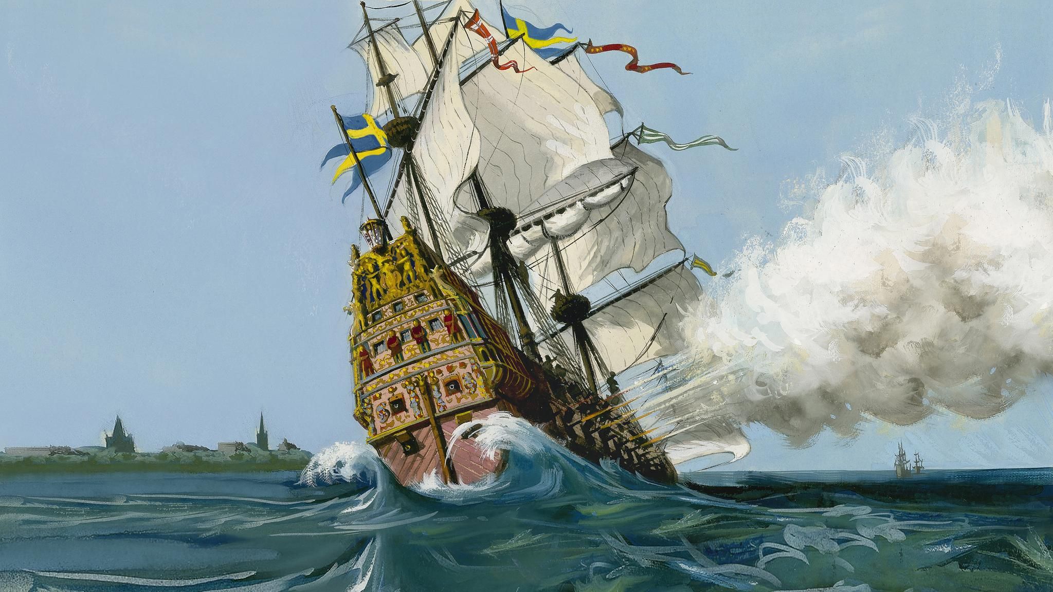 Ölgemälde des Schlachtschiffs "Vasa" unter vollen Segeln auf See mit starker Neigung nach links