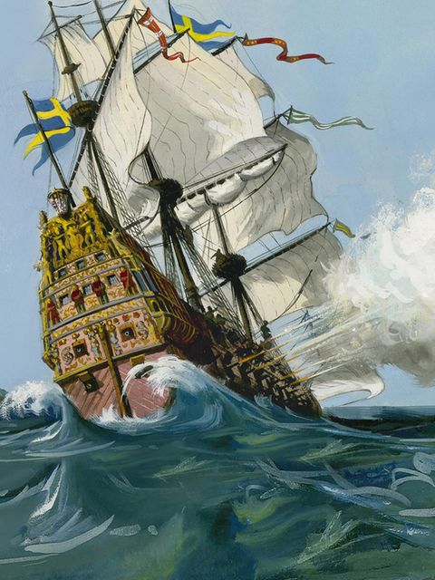 Ölgemälde des Schlachtschiffs "Vasa" unter vollen Segeln auf See mit starker Neigung nach links