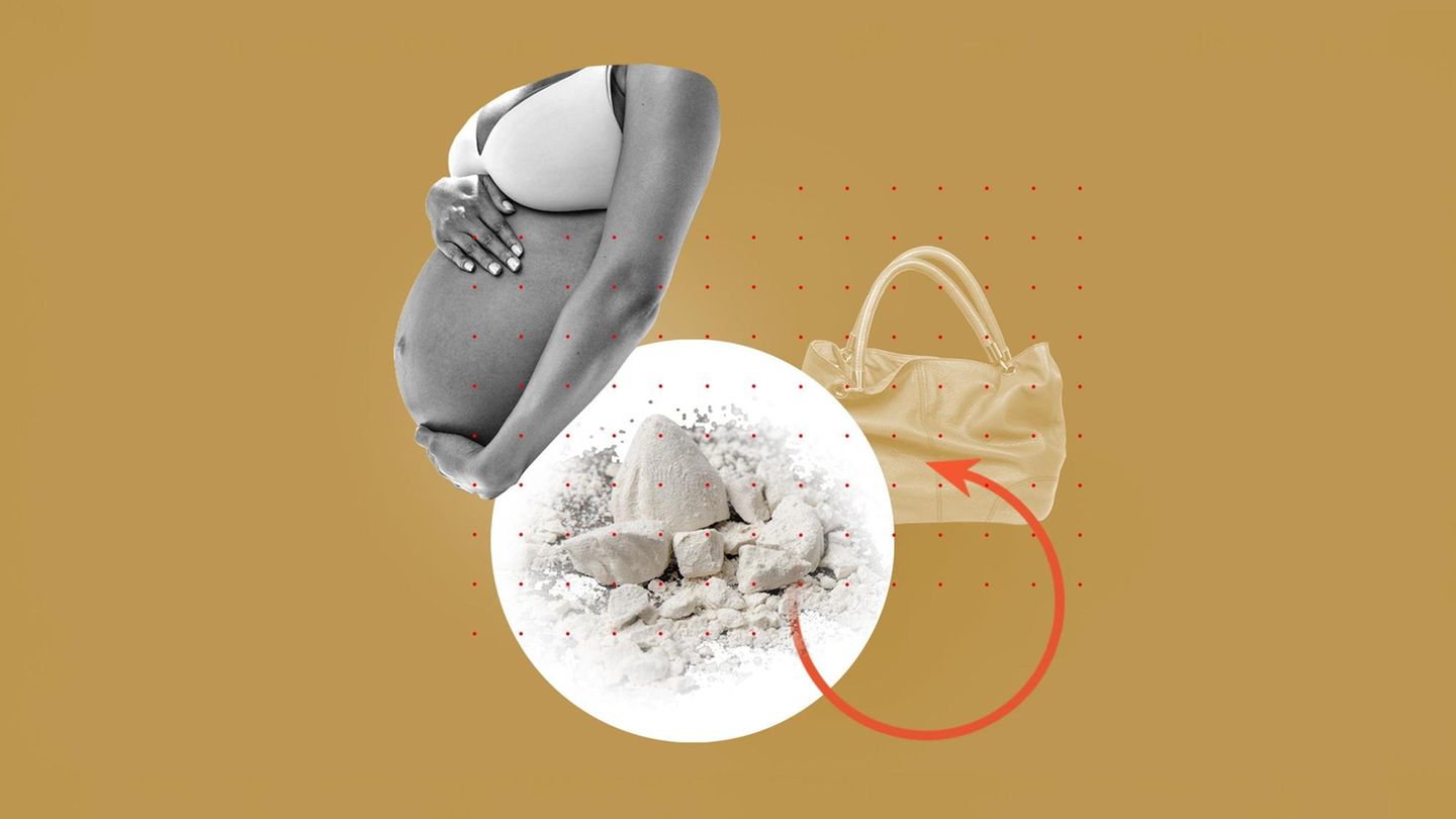 Bildmontage: links Bild eines Schwangerschaftsbauches, in der Mitte ein Teller mit Tonerde und rechts eine Handtasche