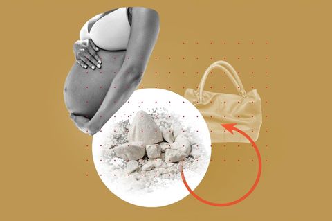 Bildmontage: links Bild eines Schwangerschaftsbauches, in der Mitte ein Teller mit Tonerde und rechts eine Handtasche