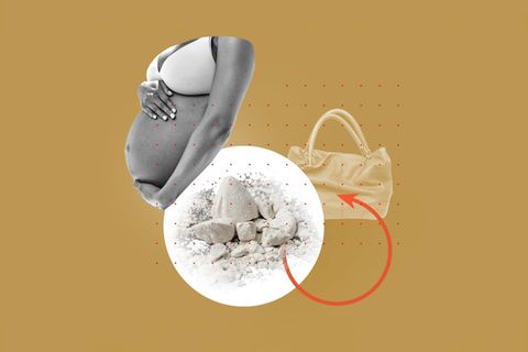 Bildmontage: links Bild eines Schwangerschaftsbauches, in der Mitte ein Teller mit Tonerde und rechts eine Handtasche