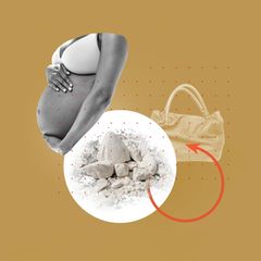 Bildmontage: links Bild eines Schwangerschaftsbauches, in der Mitte ein Teller mit Tonerde und rechts eine Handtasche