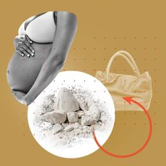 Bildmontage: links Bild eines Schwangerschaftsbauches, in der Mitte ein Teller mit Tonerde und rechts eine Handtasche