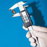 Eine festgeklemmte Quagga-Muschel wird vermessen