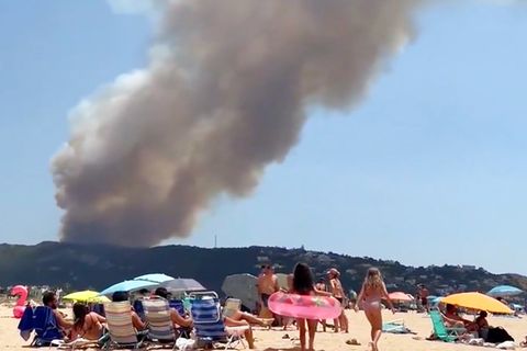 Menschen stehen neben hohen Buschflammen und versuchen, diese zu löschen.