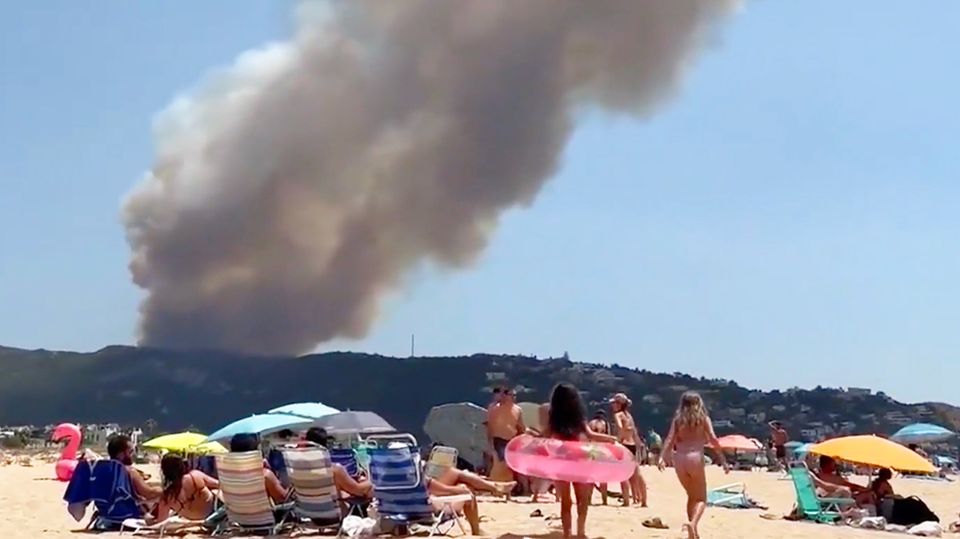Menschen stehen neben hohen Buschflammen und versuchen, diese zu löschen.