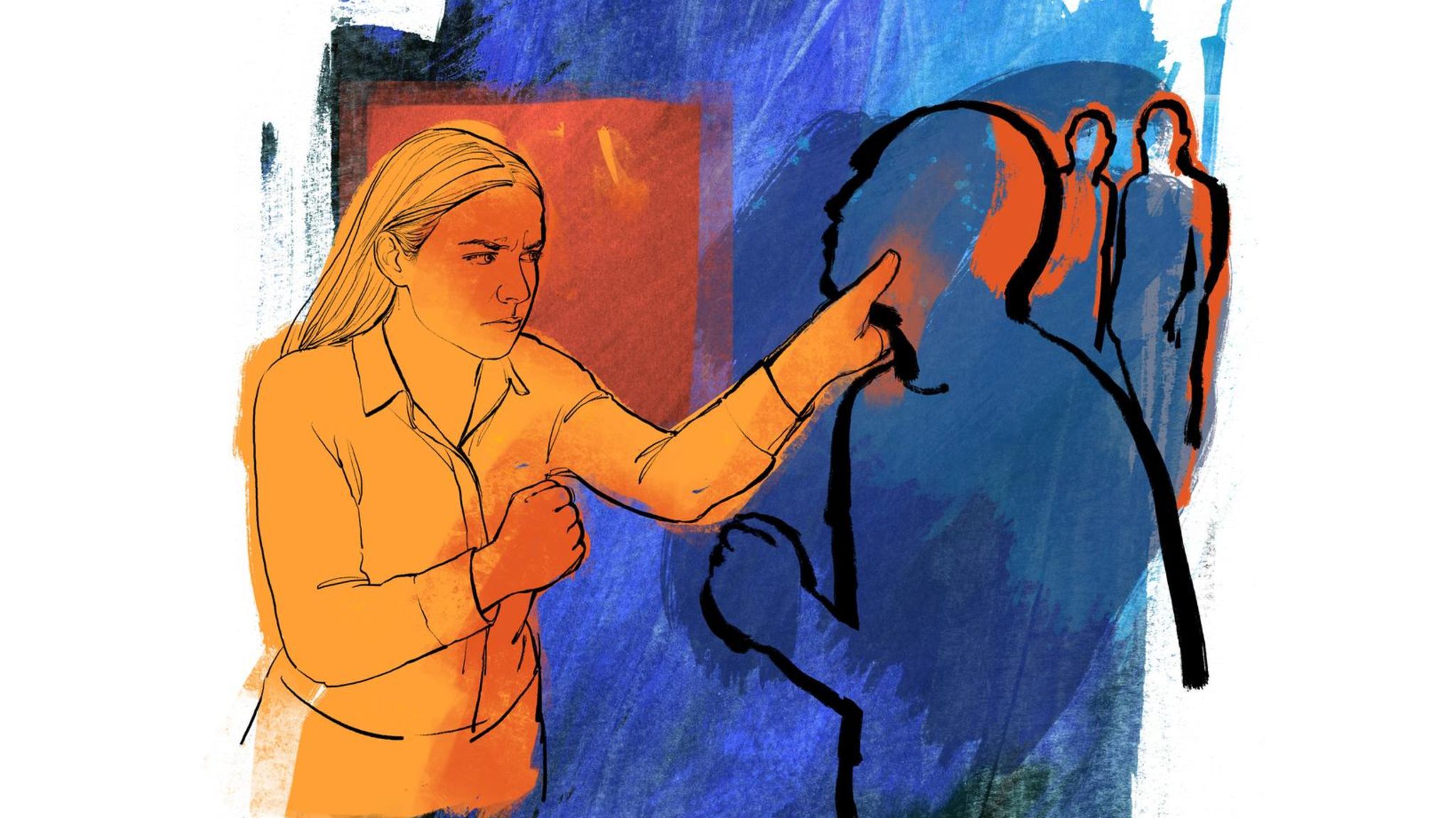 Illustration: Frau in Abwehrhaltung bei der Selbstverteidigung