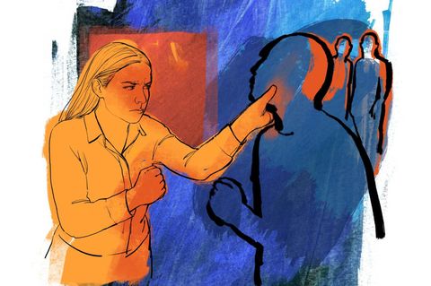 Illustration: Frau in Abwehrhaltung bei der Selbstverteidigung