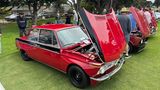 Eine Reihe von roten Alpina BMW 2002 auf einer Wiese