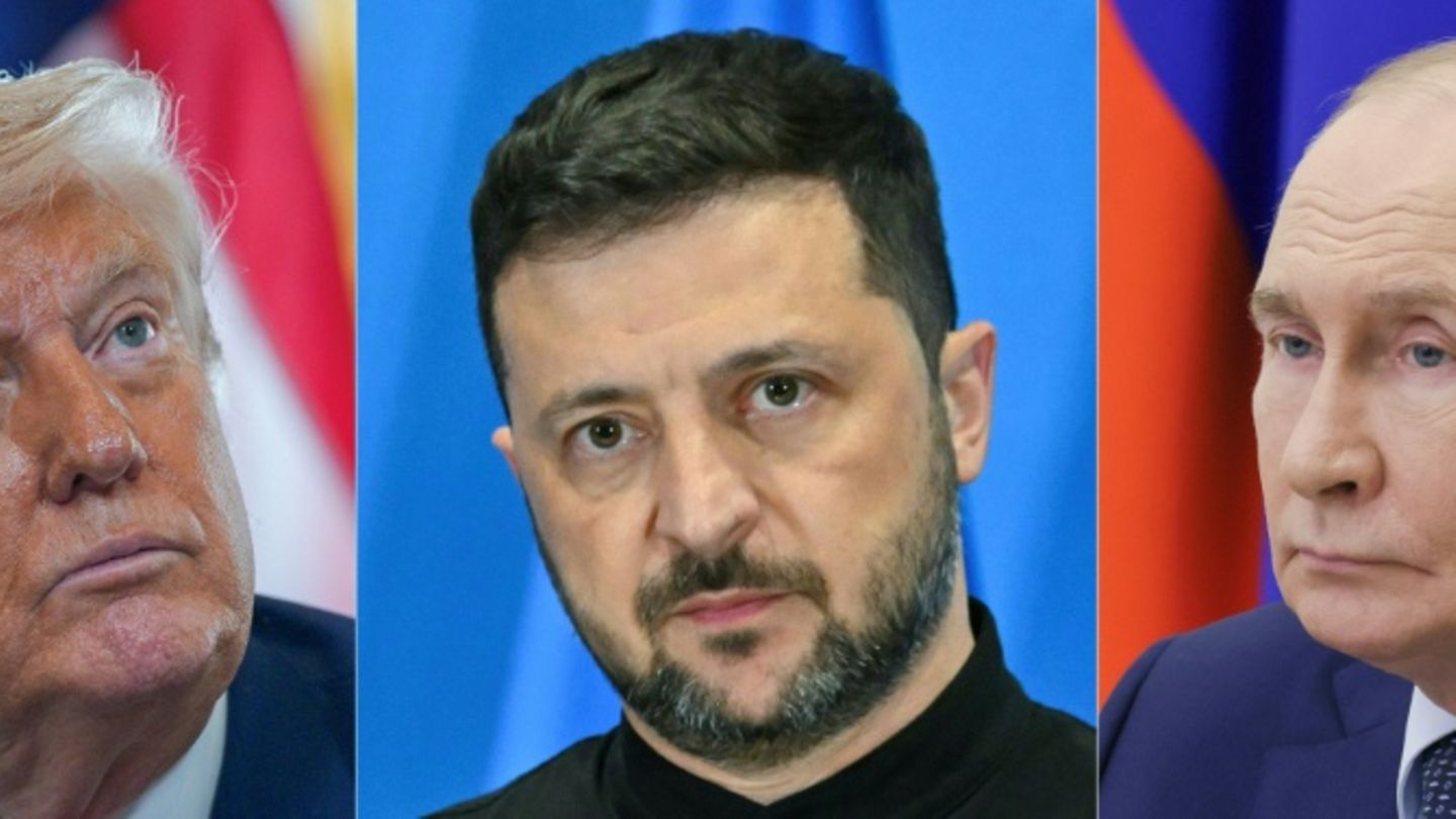 Donald Trump (von links), Wolodymyr Selenskyj, Wladimir Putin