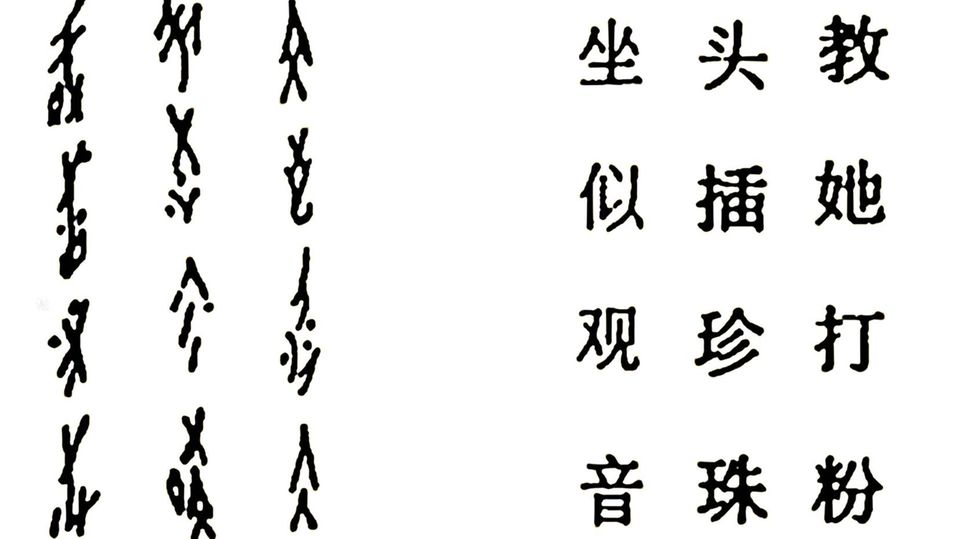 Nüshu-Schrift im Vergleich zur traditionellen Schrift