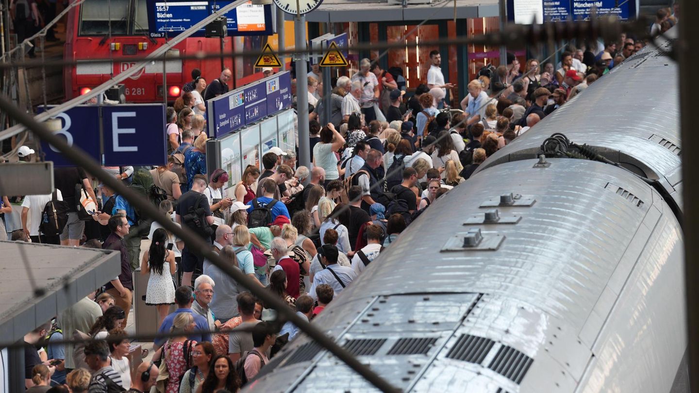 Volle Gleise und ein Zug: Bahnreisende stehen an den Bahnsteigen im Hamburger Hauptbahnhof