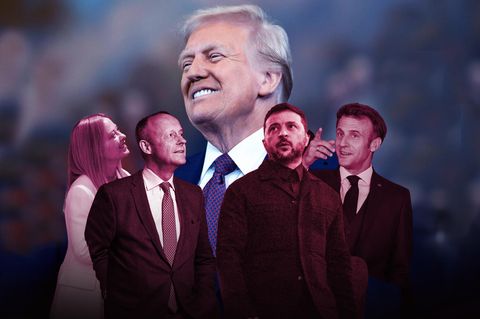 Donald Trump im oberen Bereich darunter europäische Politiker, die zu ihm aufschauen