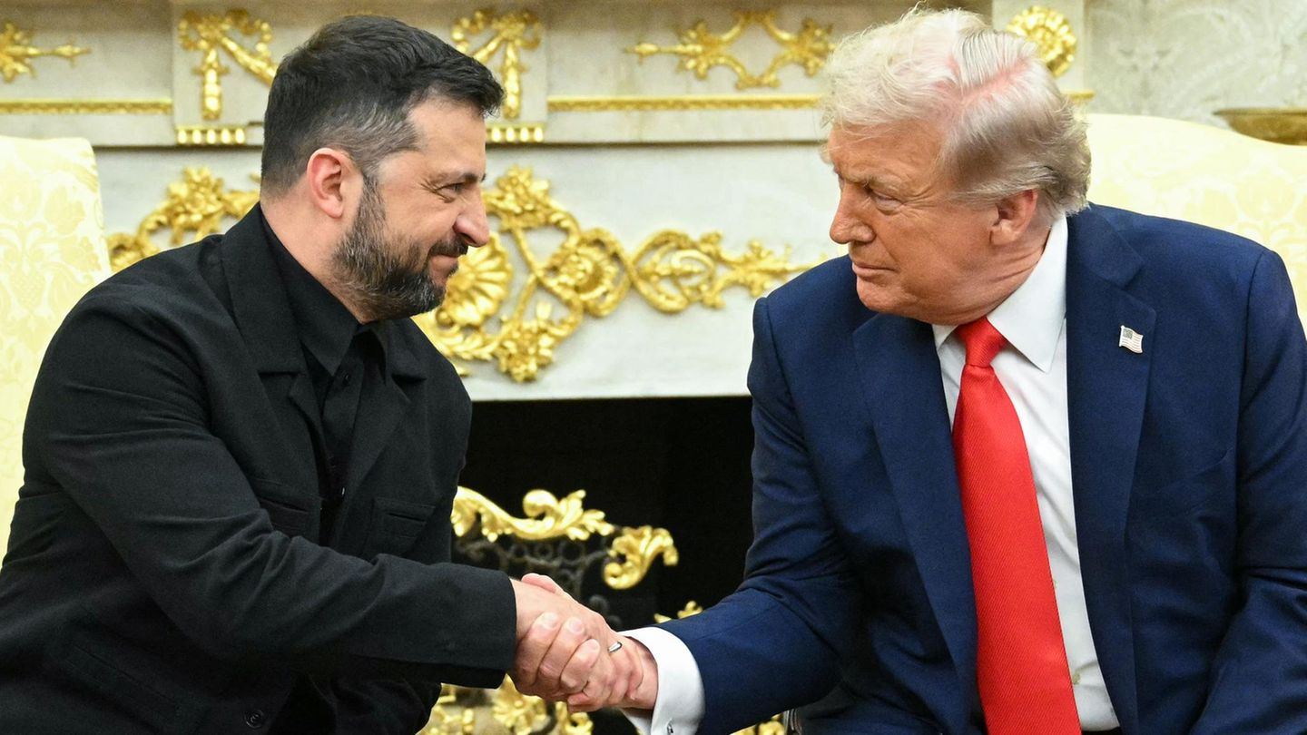 Der ukrainische Präsident Wolodymyr Selenskyj und US-Präsident Donald Trump geben sich während eines Treffens im Oval Office des Weißen Hauses in Washington die Hand