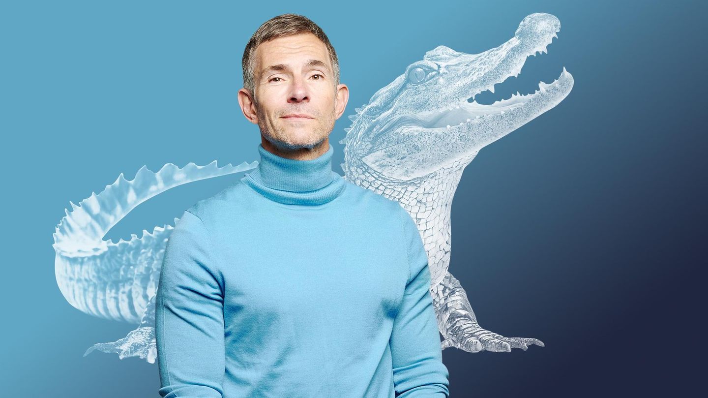 Illustration Breaking News: Micky Beisenherz mit Krokodil im Hintergrund