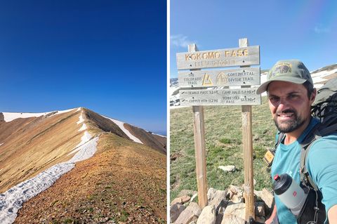 Links ein Berg und Rechts Robert Stiepani auf einem Pass