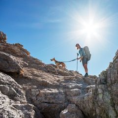 Nadine Regel und Hund Ralfi auf den Felsen der Dolomiten