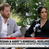 Prinz Harry im hellgrauen Anzug neben Ehefrau Meghan bei einem Interview