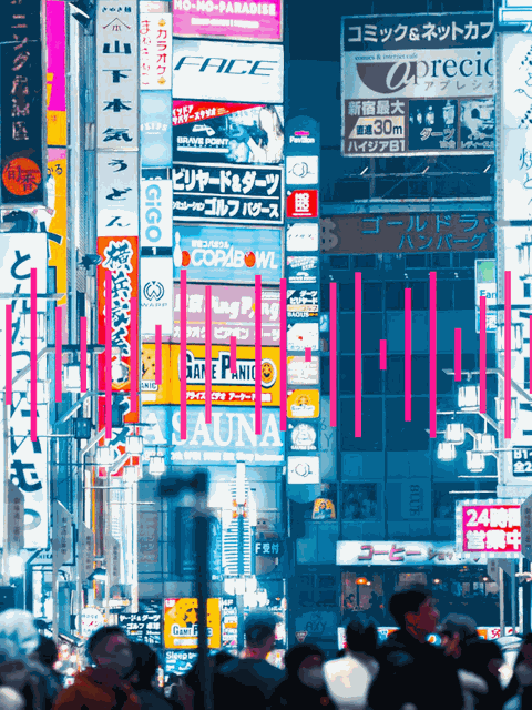 Beleuchtete bunte Schilder in Kabukicho in Tokio