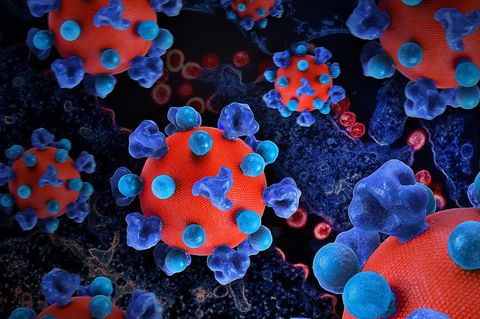 HIV-Viren als rot-blaue Modelle aus dem 3D-Drucker