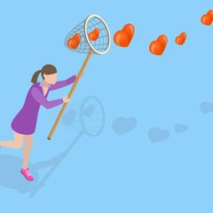 Illustration: Eine Frau fängt fliegende Herzen mit einem Kescher