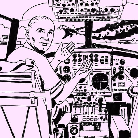 André Turcat im Concorde-Cockpit, davor die trudelnde TU-144