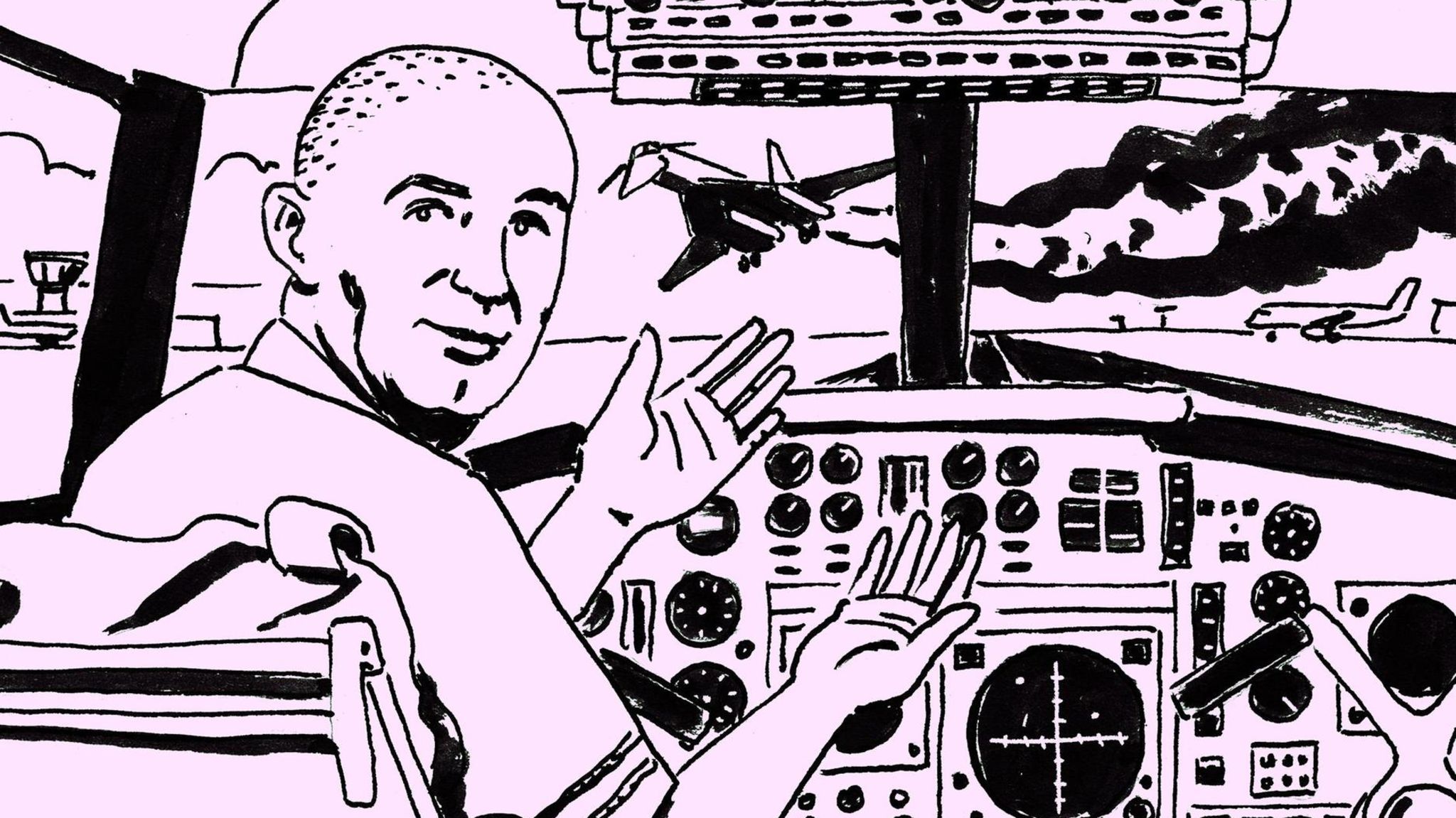 André Turcat im Concorde-Cockpit, davor die trudelnde TU-144 André Turcat im Concorde-Cockpit, davor die trudelnde TU-144