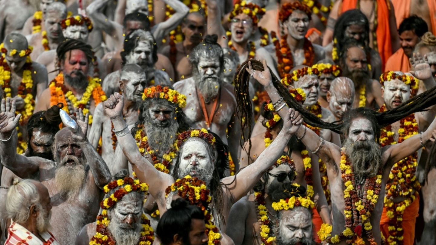 Naga Sadhus - nackte, als heilig geltende Männer zelebrieren in Indien