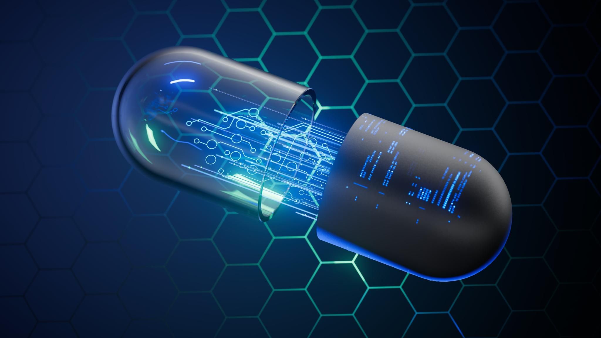 Krankheiten: Hilfe durch KI Illustration einer Pille mit technoider Anmutung