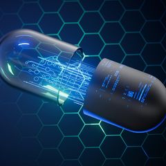 Illustration einer Pille mit technoider Anmutung