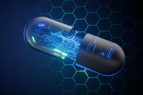 Illustration einer Pille mit technoider Anmutung