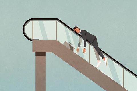 Job: Illustration von ermüdeten Mann auf der Rolltreppe