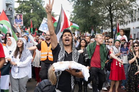 Nach der Frankfurter Demonstration gegen den Gaza-Krieg laufen mehrere Ermittlungsverfahren der Polizei. Foto: Boris Roessler/dp