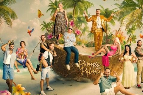 Claude-Oliver Rudolph (6.v.l.) und der restliche "Promis unter Palmen"-Cast.