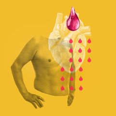 Herz: Illustration eines Oberkörpers mit Herz und Bluttropfen
