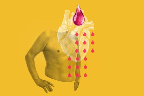 Herz: Illustration eines Oberkörpers mit Herz und Bluttropfen