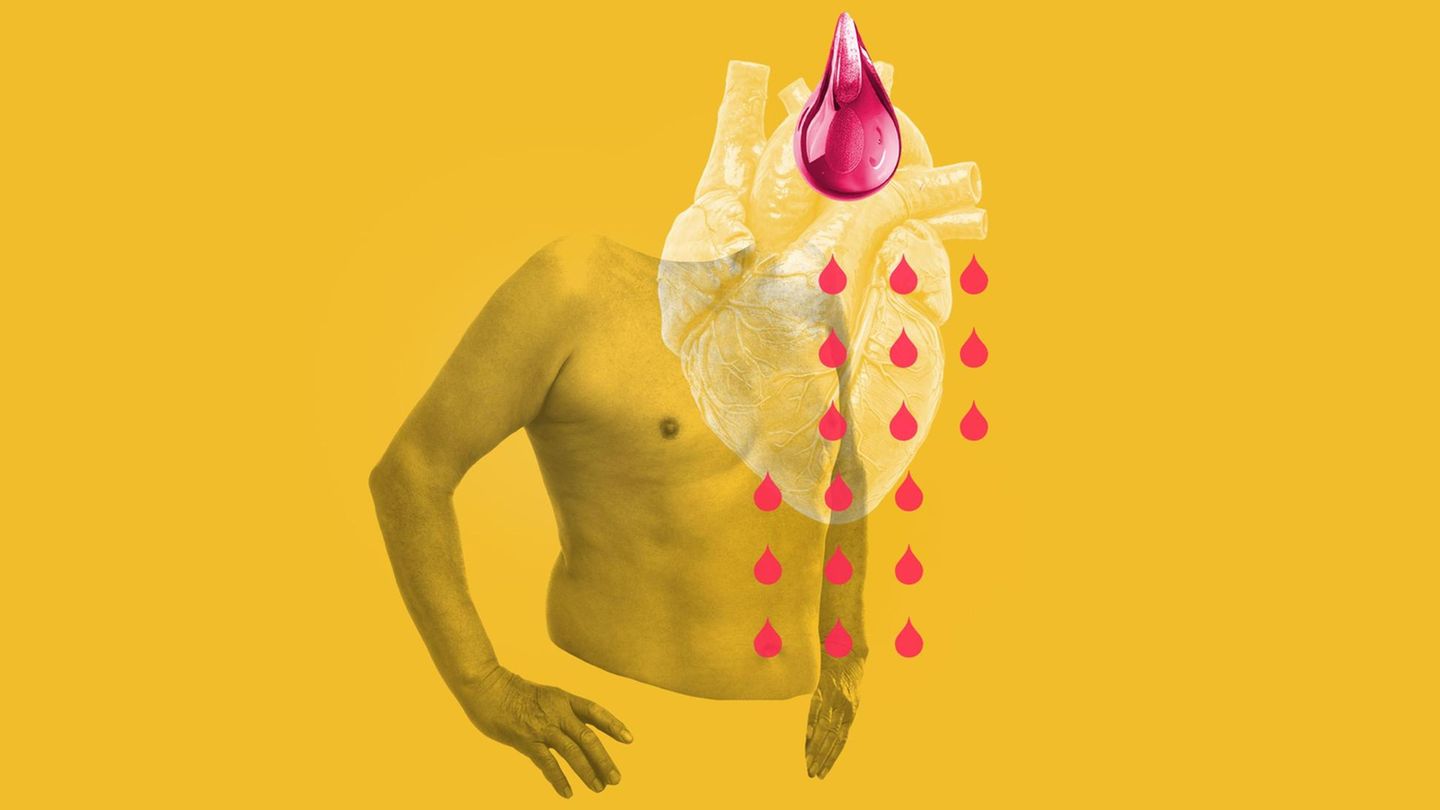 Herz: Illustration eines Oberkörpers mit Herz und Bluttropfen Herz: Illustration eines Oberkörpers mit Herz und Bluttropfen