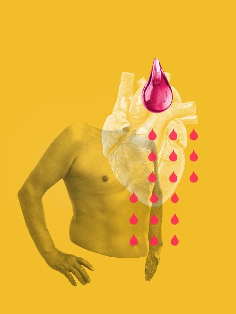 Herz: Illustration eines Oberkörpers mit Herz und Bluttropfen